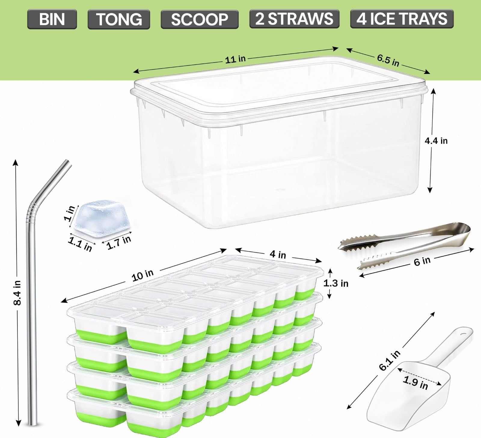 56pcs Ice Cube Tray With Lid And Bin - Stackable 4 Trays Silicone Plastic Freezer Mold  Large Bucket Scoop Tong & 2 Ss Straws Easy Release Maker For Cocktail Coffee Rv