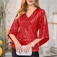thumbnail image 4 of BangWanChi 3/4 Length Sleeve Womens Tops Womens Sequin Tops 3/4 Sleeve Glitter Sparkly Party Blouse V-Neck Dressy Tops for Evening Party, 4 of 8