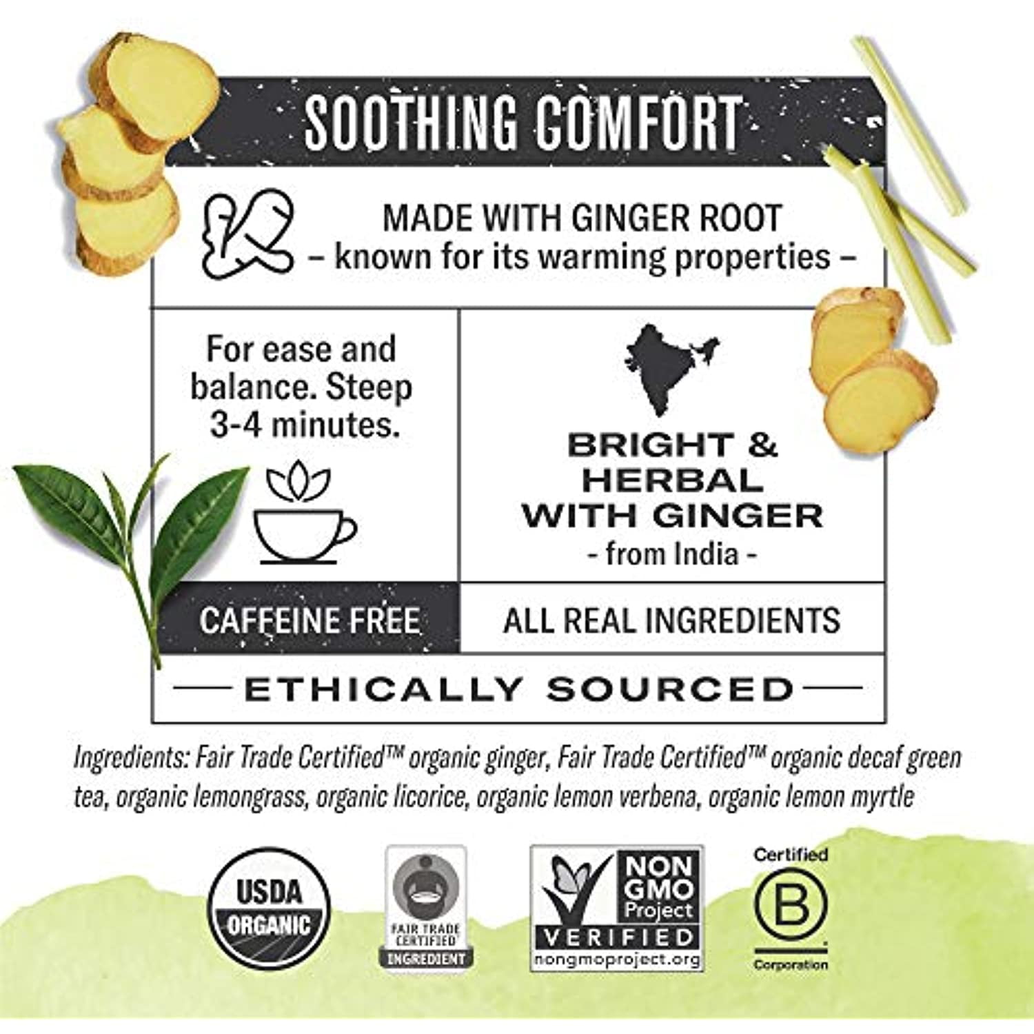 Numi Organic Tea Ginger Lemon, 16 Count Box Of Tea Bags (Pack Of 6) Decaf Green Tea (Packaging May Vary)
