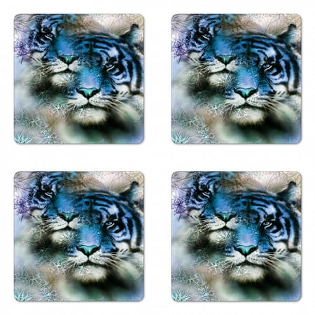 

Animal Coaster Set of 4 2 Tiger Safari Cat Wild Furious Life Big Animals Artwork Print Square Hardboard Gloss Coasters Standard Size Blue Black and White by Ambesonne