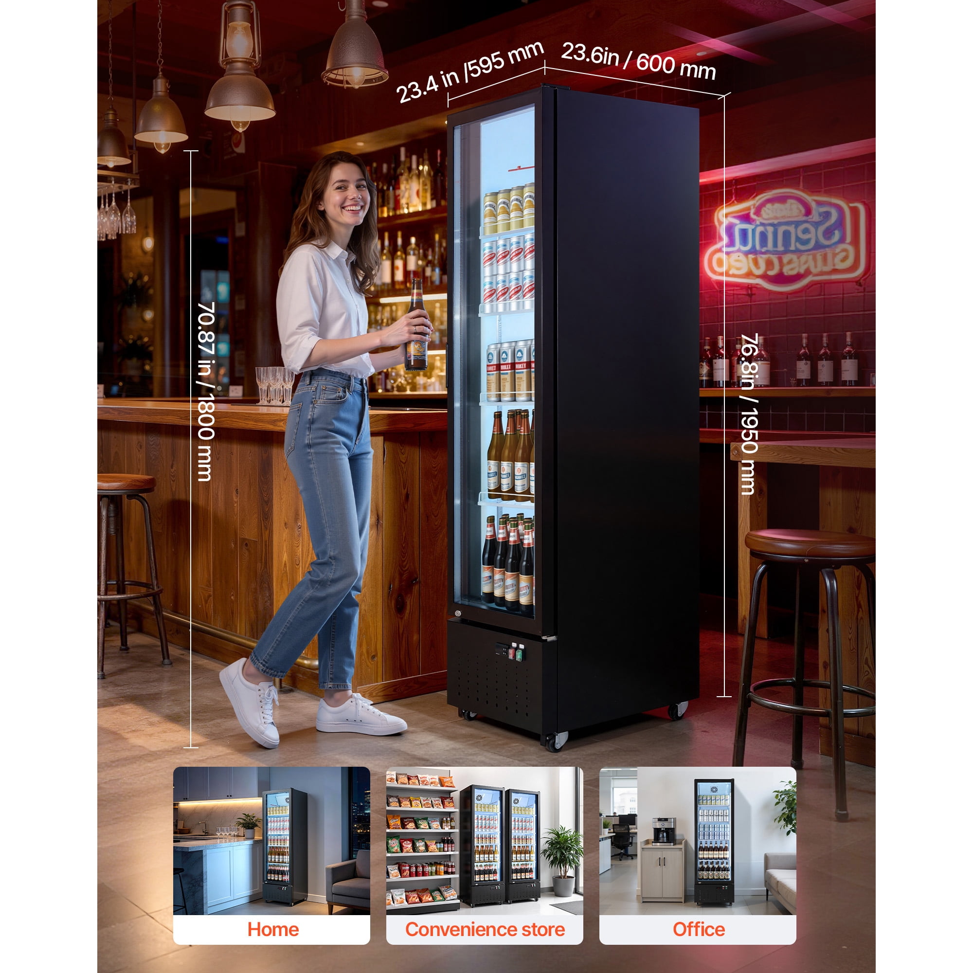 KFFKFF Commercial Glass Door Refrigerator, 12.7 Cu.Ft / 360 L Upright Beverage Cooler with Adjustable Shelves, LED Lighting, and Casters for Home, Shop, or Bar Use