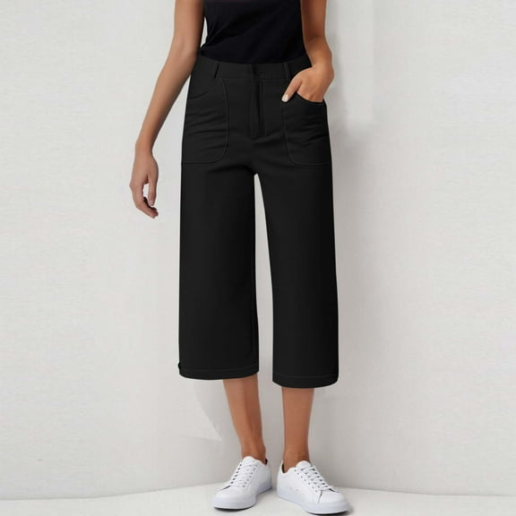 Sevevn Women Solid Color Casual Loose Cropped Pants Sports Casual Pants With Side Pockets Women Beach Fashion Black L