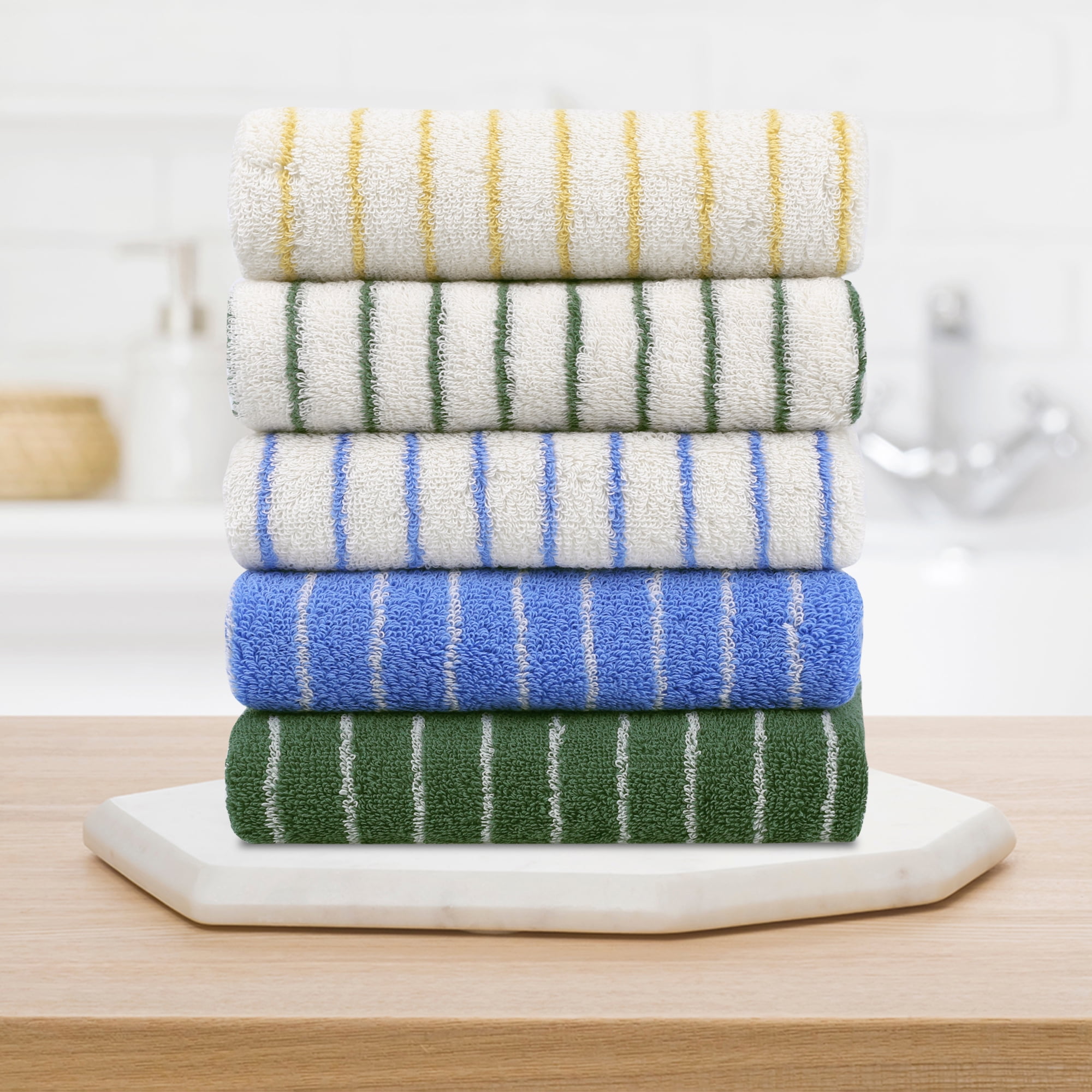 Unique Bargains Classic Stripe Bath Hand Towels Cotton Soft Absorbent Green 4-Piece