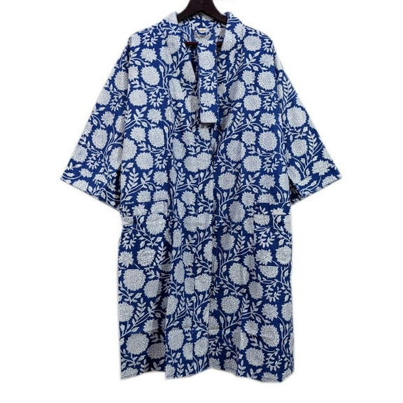 NITIN TEXTILES Kimono Jacket Floral Printed Cotton Sleepwear Robe, Blue 1-Pack