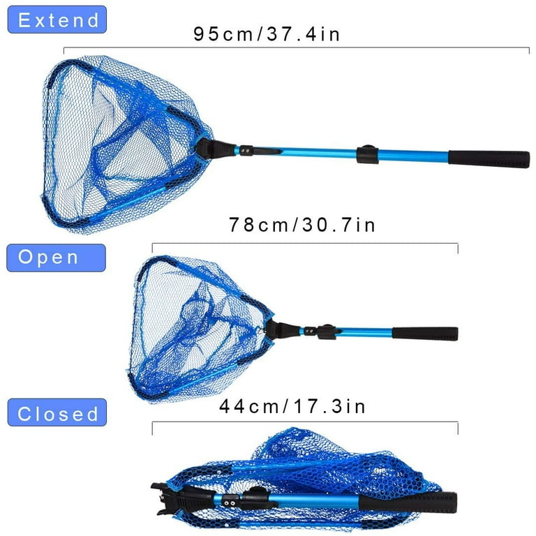 Portable Fishing Landing Net Foldable Collapsible Telescopic Aluminum Pole  Handle and Safe Fish Catching or Releasing for Durable and Nylon Mesh ,Blue