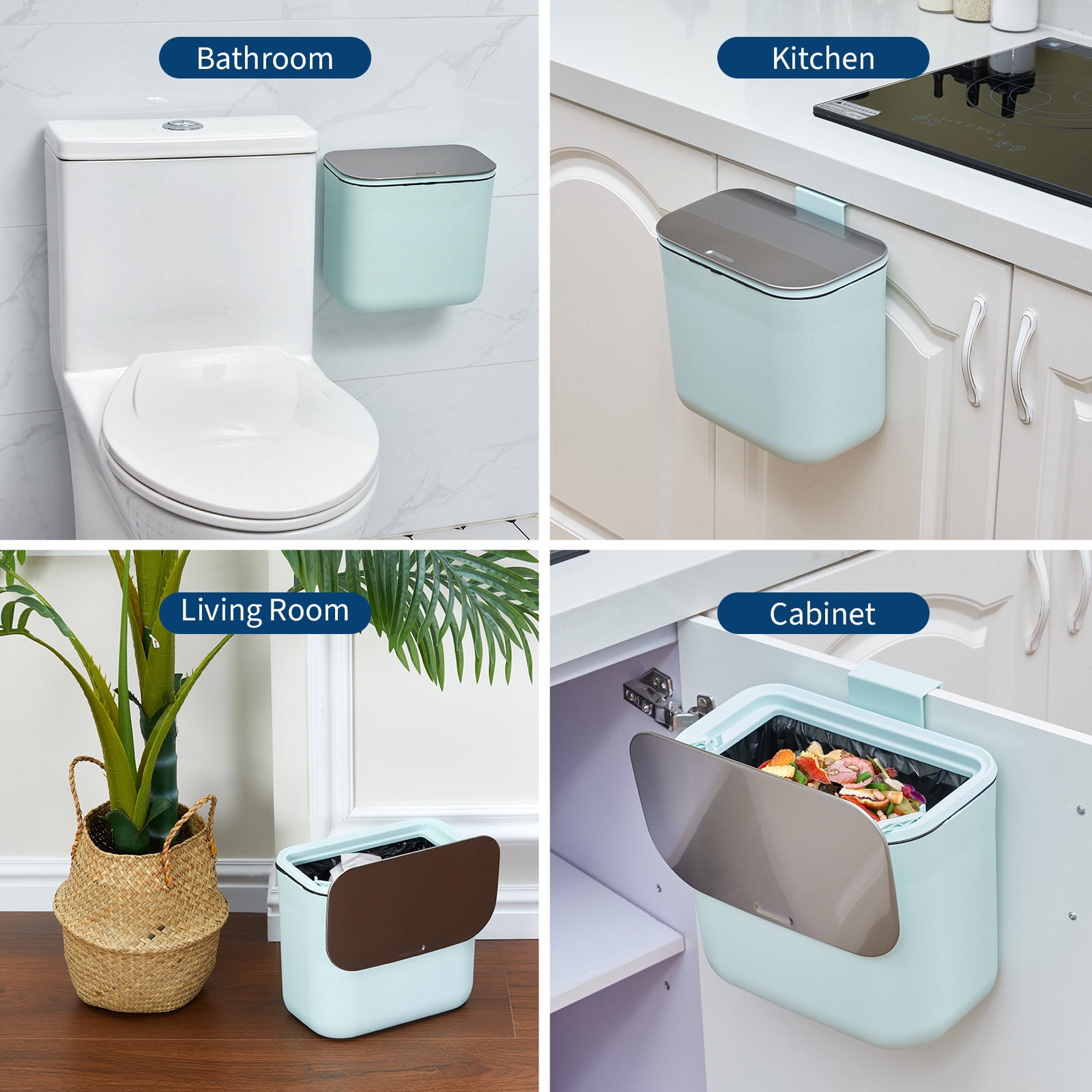 1.8 Gallon Kitchen Hanging Small Trash Can with Stainless Steel Lid, Odor-Free Compost Bin, Space-Saving Garbage Can for Cabinet, Under Sink, RV, Bathroom, Green