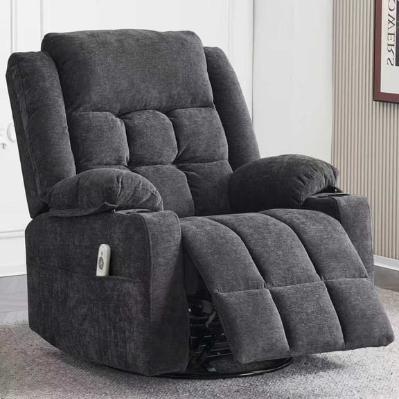 Sfxingyou Power Swivel Rocker Recliner Chair, Rocking, Adult, Fabric, Solid Print, Home Theater, Heated and USB/Type-C, Dark Grey