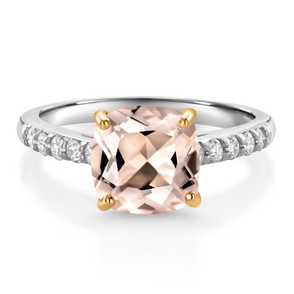 Gem Stone King 925 Sterling Silver and 10K Yellow Gold Peach Morganite and White Lab Grown Diamond Engagement Ring for Women (2.08 Cttw, Cushion 8MM, Gemstone October Birthstone, Size 8)