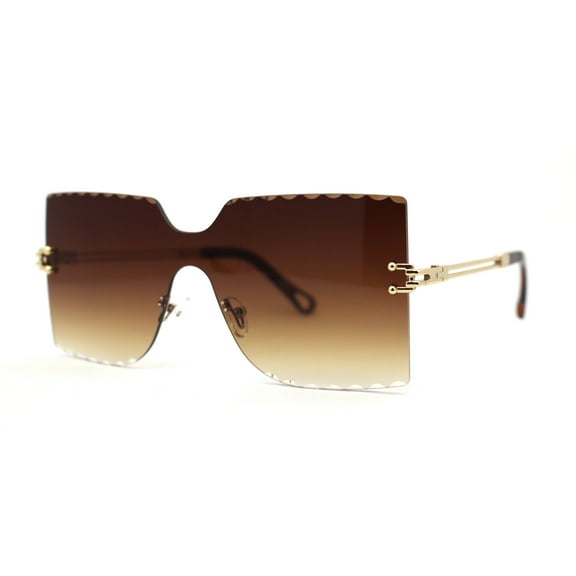 Womens Wave Beveled Lens Oversize Shield Rimless Fashion Sunglasses Gold Brown