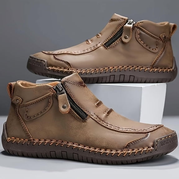 Men's Casual High-Top Leather Boots Side Zipper Slip-Resistant Outdoor Walking Driving Ankle Boots