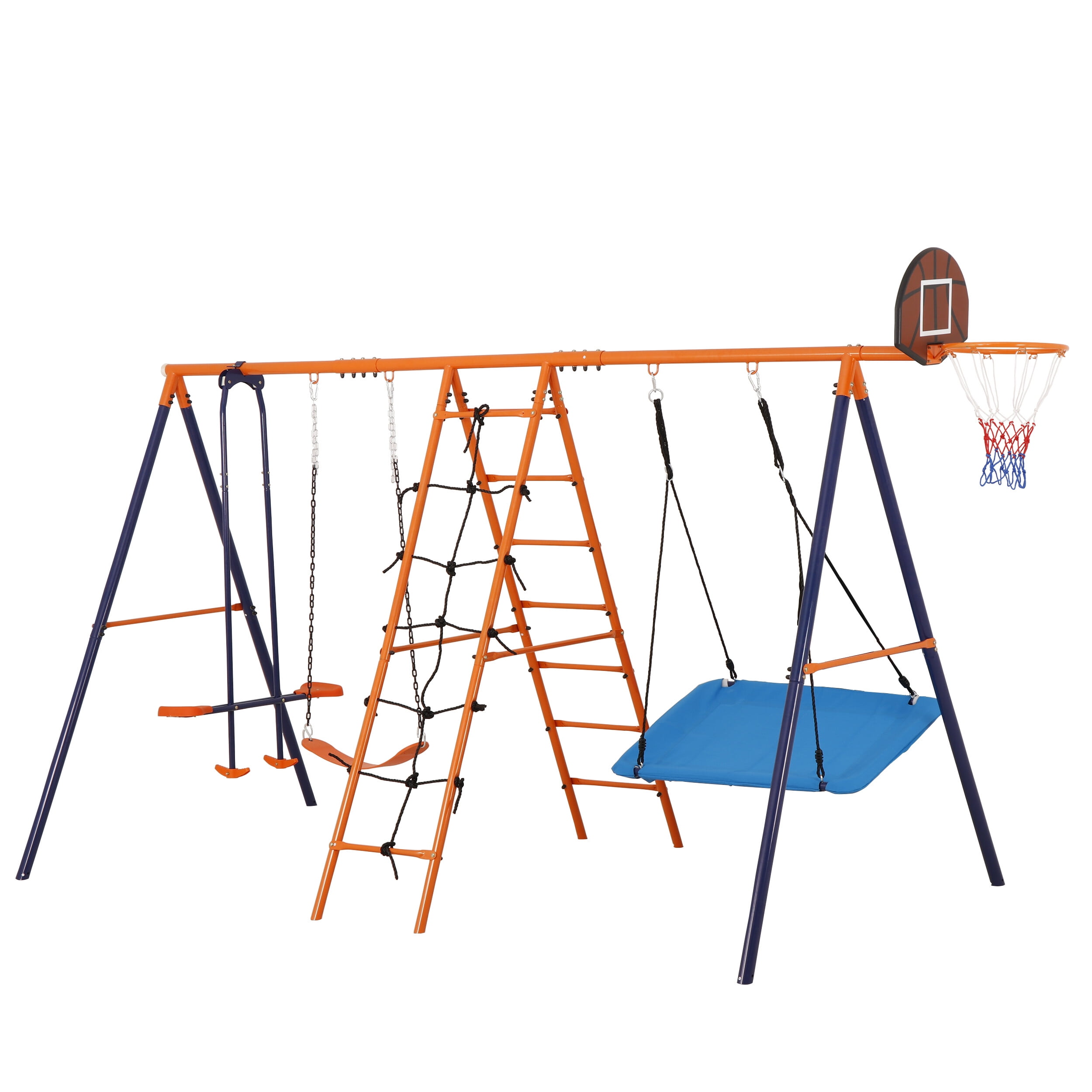 ZENSTYLE 6 in 1 Multifunctional Swing Set Steel Frame for Background with Seesaw, Basketball Rim, Climbing Ladder/Net