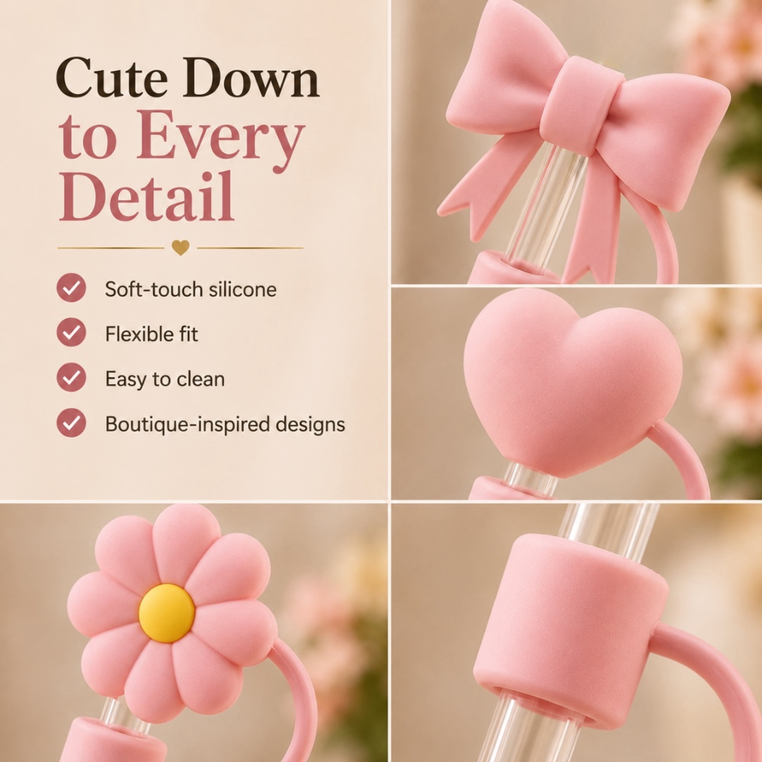 Biddlebee Pink Heart, Flower and Bow Straw Toppers, 3-Pack