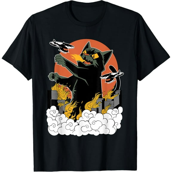 Black Japanese Catzilla Sunset Mens Short Sleeve T-Shirt