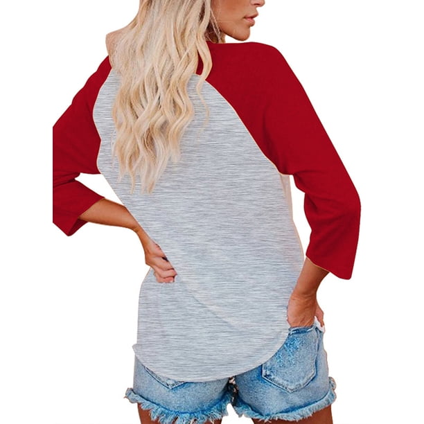 Sonducket Camiseta de manga 3/4 para mujer, blusas de verano con estampado gráfico de letras informales, atuendos superiores para niñas, negro, S Prendas para la parte del cuerpo Rojo XXL