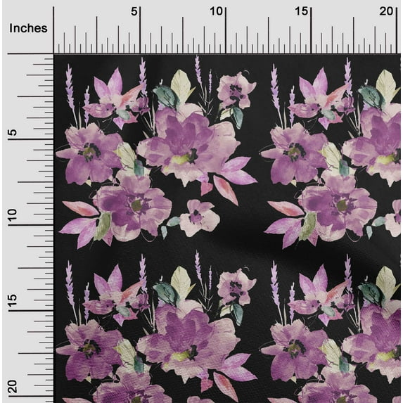 oneOone Cotton Jersey Black Fabric Flower & Leaves Watercolor Sewing Material Print Fabric By The Yard 58 Inch Wide