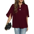 thumbnail image 3 of Uhndy Women Summer Casual Tops Shirts V Neck Blouse Casual Chiffon Blouses Loose Tunic Short Sleeve Tops Holiday Work Baggy T Shirts Pullover winered 2XL, 3 of 5