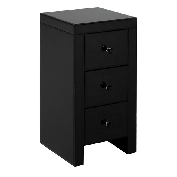 Mirrored Glass Bedside Table with Three Drawers Black