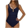 thumbnail image 2 of qolati Womens One Piece Swimsuit Metal Buckle V Neck Tummy Control Bathing Suit Ruched Slimmings High Cut Swim Suit Summer Navy S, 2 of 5