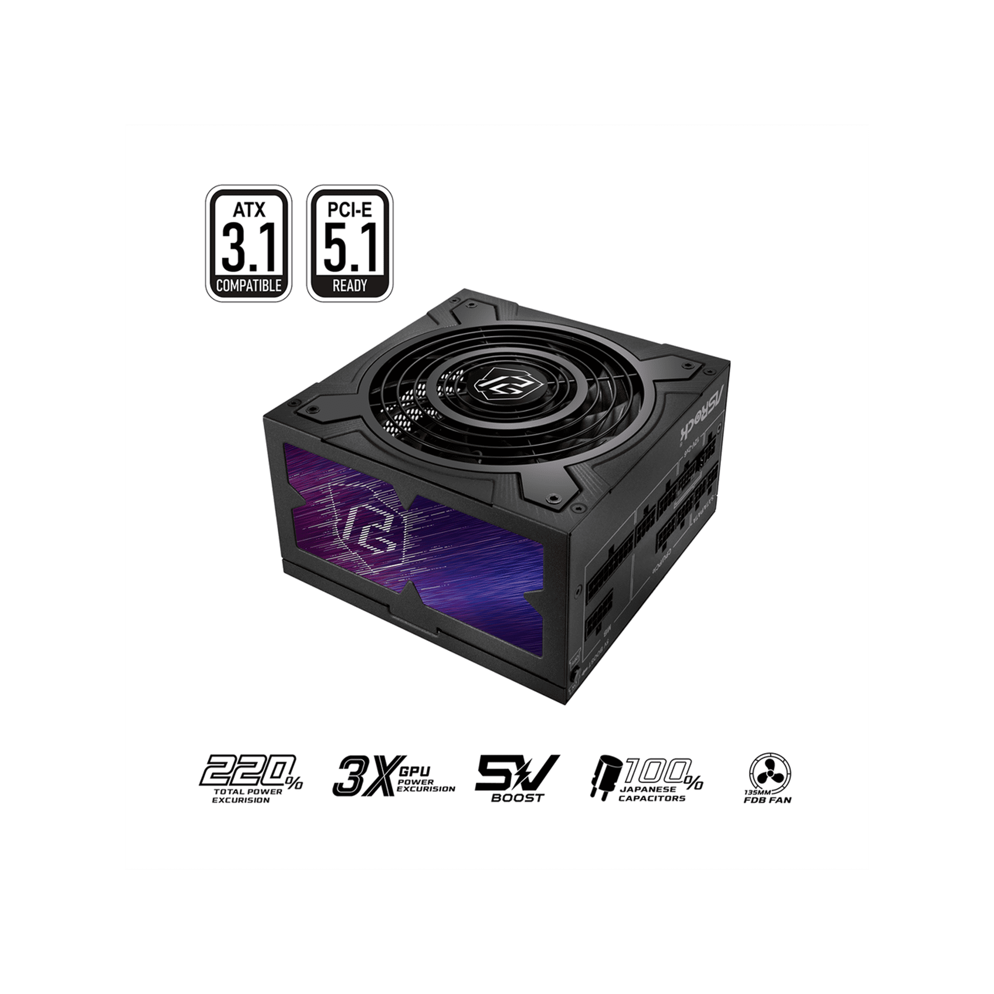 ASRock Phantom Gaming PG-750G 750W 80 PLUS GOLD & Cybenetics PLATINUM Full Modular Power Supply, ATX3.1 & PCIe5.1 Ready with Dual Color 12V-2x6 Cable, 10 Years Warranty