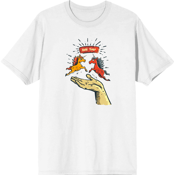 Hold Your Horses Humor Adult White Crew Neck Short Sleeve Tee-Medium