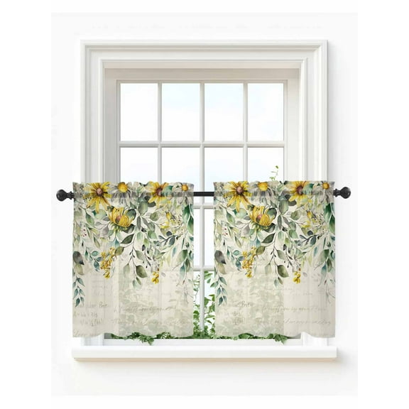 Flowers Eucalyptus Tier Curtains 36 Inch Length,Sheer Curtains for Bedroom Living Room Window Vintage Botanical Floral Leaves Rod Pocket Drapes Kitchen Curtains Small Half Window 27.5"x36" 2 Panels