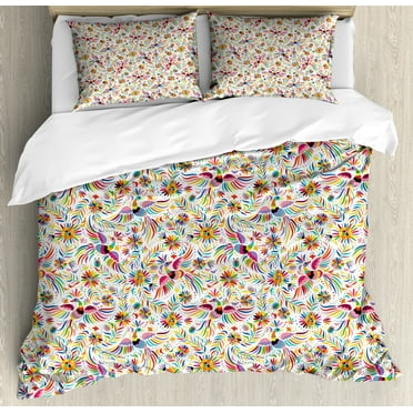 Mexican Queen Size Duvet Cover Set, Colorful Nature Inspired Ethnic Pattern Birds Flowers Leaves and Dots Creativity, Decorative 3 Piece Bedding Set with 2 Pillow Shams, Multicolor, by Ambesonne
