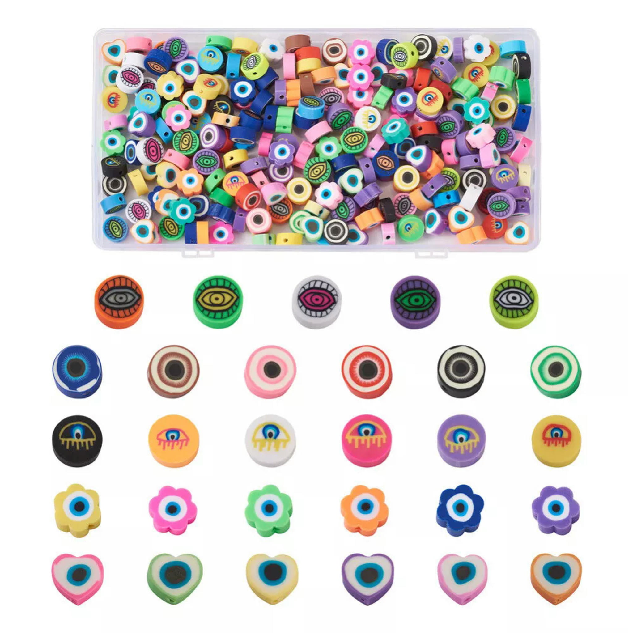 U8MO 250Pcs Flat Round Flower Heart with Evil Eye Handmade Polymer Clay Beads 8~10mm