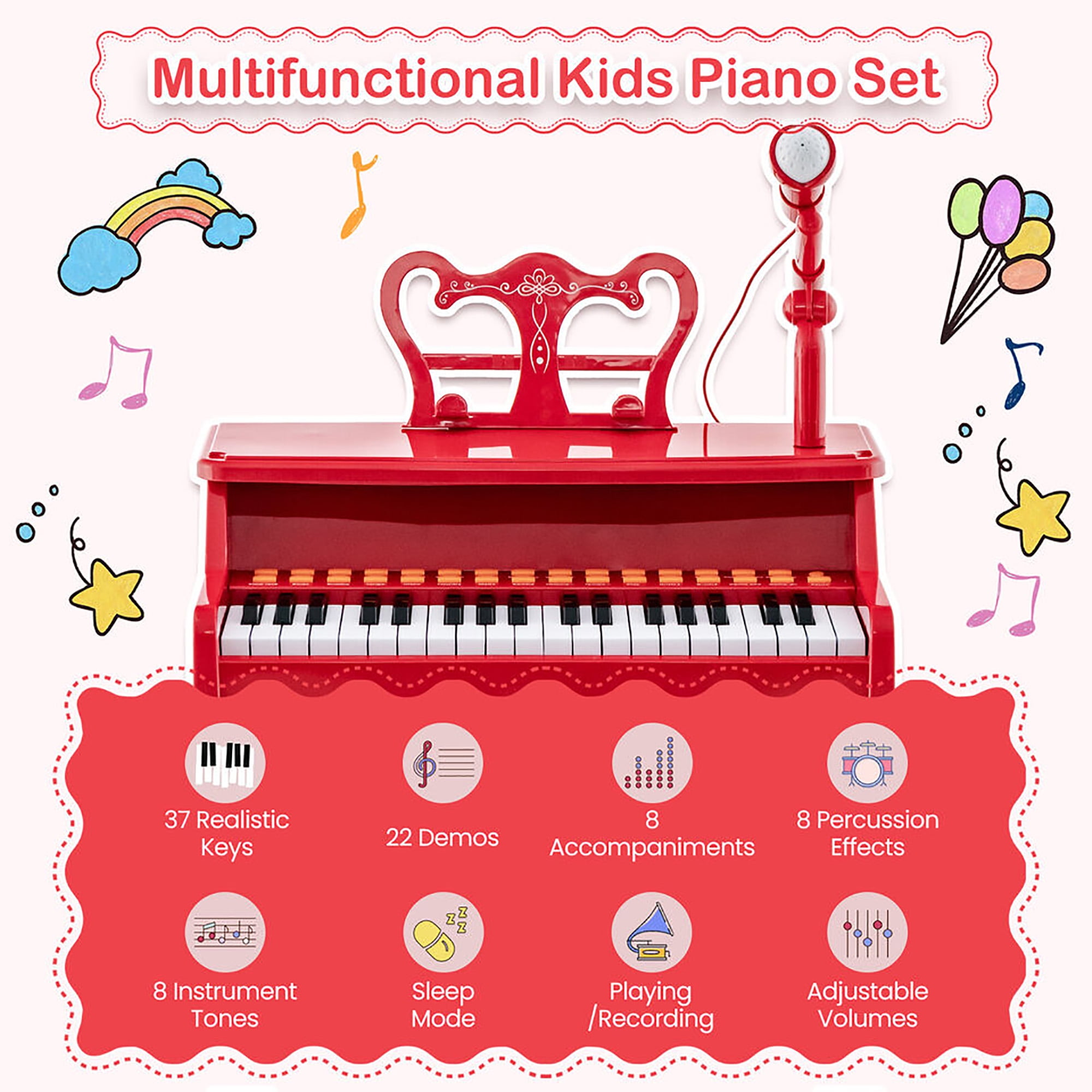 Gymax 37-Key Music Piano Keyboard Kids Learning Toy Instrument w/ Microphone Red