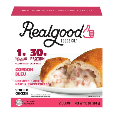Realgood Foods Co. Cordon Bleu Stuffed Chicken Breasts, Fully Cooked, 2 Count, 10 oz (Frozen)