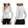 thumbnail image 2 of T-shirt à Manches Longues Ajusté Col en V Profond Froncé pour Femmes Blanc TG, 2 of 5