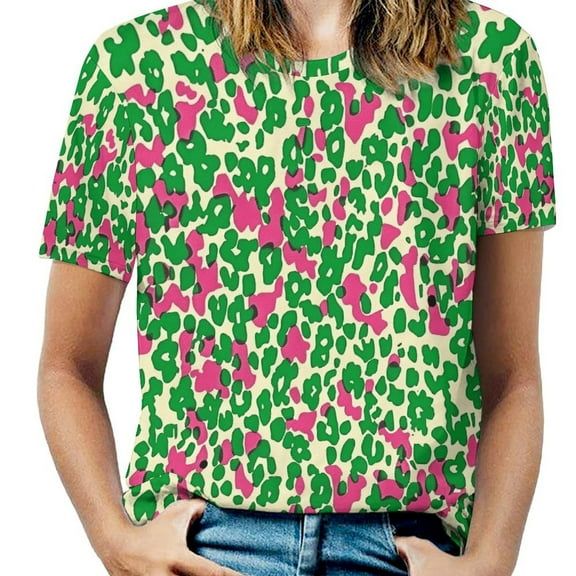 Leopard Print Pattern Women's Short Sleeve T-Shirt Crew Neck Casual Summer Trendy Loose Fit Tops
