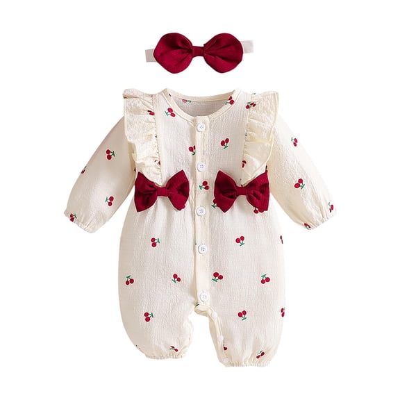 Beige Kids Girl Romper Long Sleeve Snap Front Cherry Print with Matching Headband 100% Cotton Outfit Newborn-9 Months,Size 6-9 Months