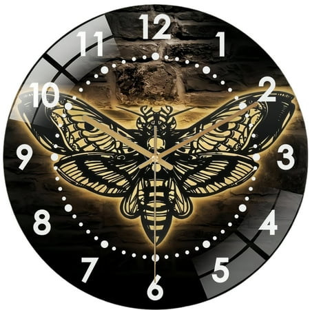 Decorative Clocks: Butterfly Skull Glass Wall Clock– Goth Butterfly Decor Wall Clock for Haunted House & Party Decor for Homes, Bars, Offices, Man Caves, Garages, And Living Rooms .esthetic Gifts