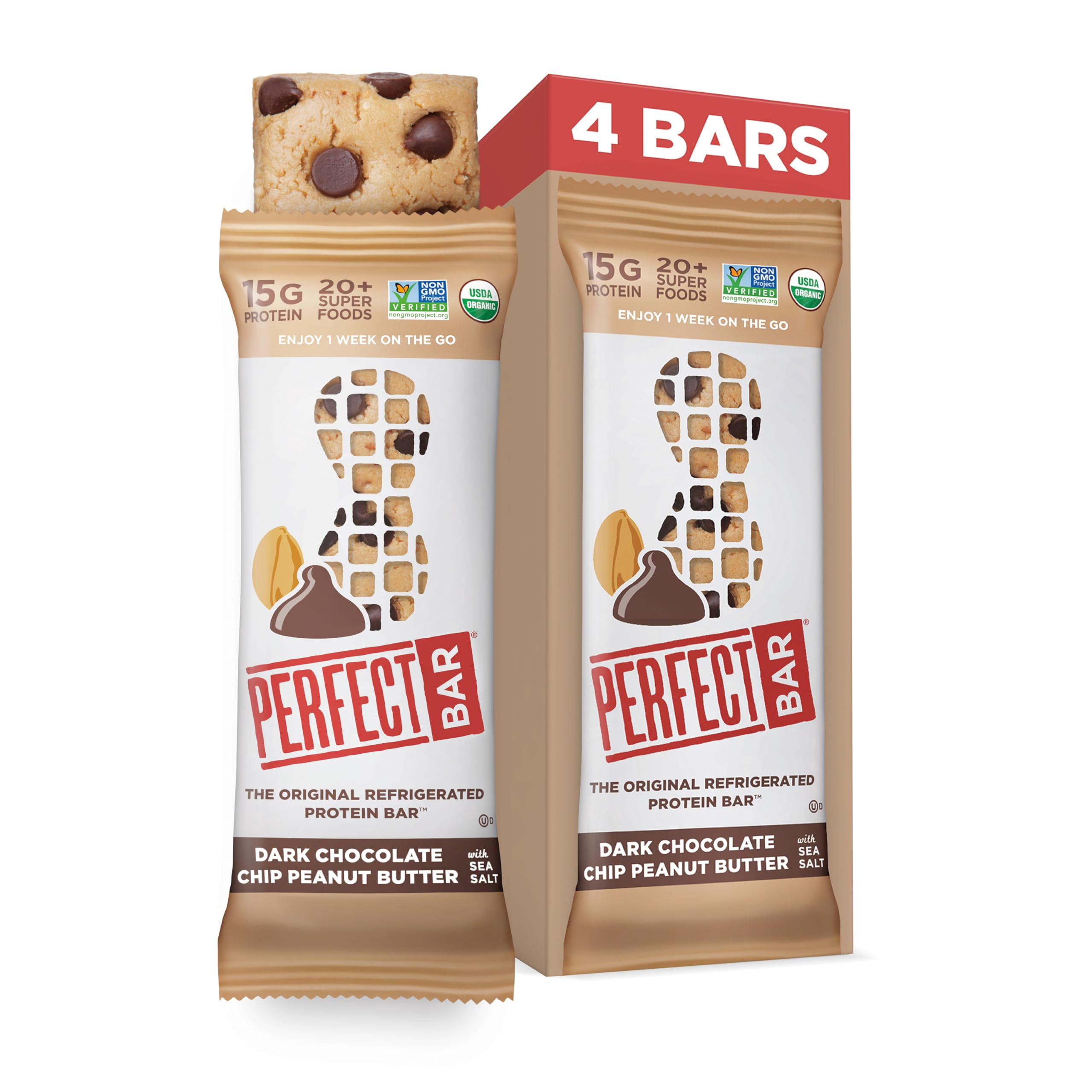 Perfect Bar, Dark Chocolate Chip Peanut Butter Protein Bar, High Protein, Organic, Gluten Free, Soy Free, Non Gmo, No Sugar s, 2.3 Ounce Bar, 4 Count