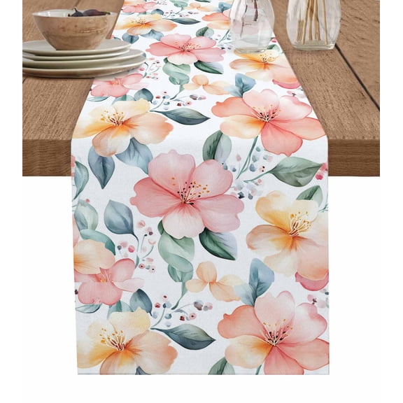 Ldtrchee Watercolor Flower Table Runner 36 Inches, Pastel Pink Floral Sage Green Leaves Bed Runner Dresser Scarves Tabletop for Indoor Outdoor Parties/Ceremony/Banquet, 13"x 36"