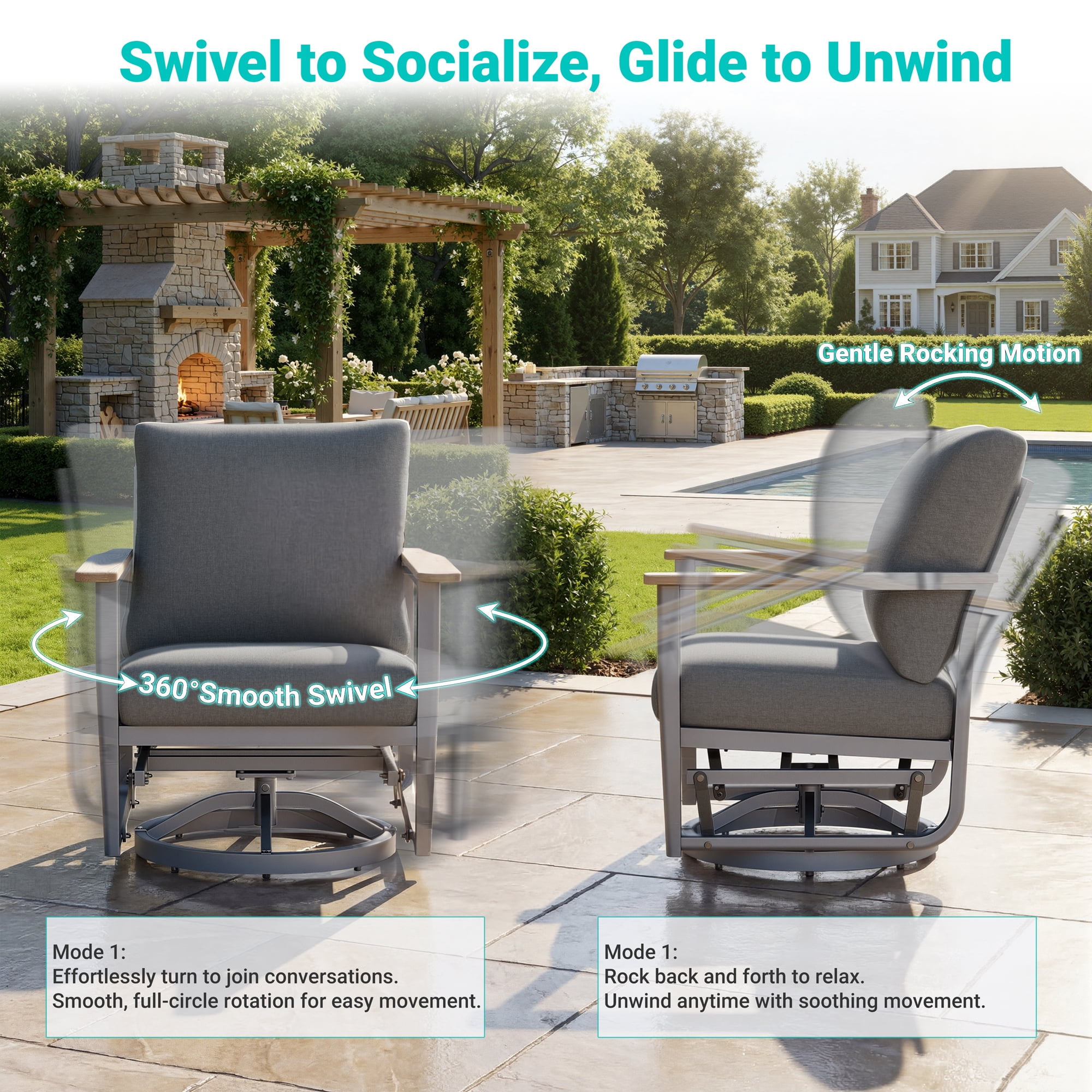 Sweecci 7 Pieces Aluminum Patio Furniture Set, 360° Swivel Rocking Chairs, Patio Conversation Sets, 5.1" Cushions, 3.3" Wide Armrests Outdoor Couch for Backyard, Deck, Poolside,Gray