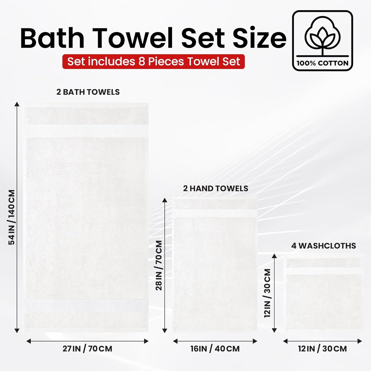 Infinitee Xclusives Premium White Bath Towel Set - [Pack of 8] - 2 Bath, 2 Hand & 4 Washcloths