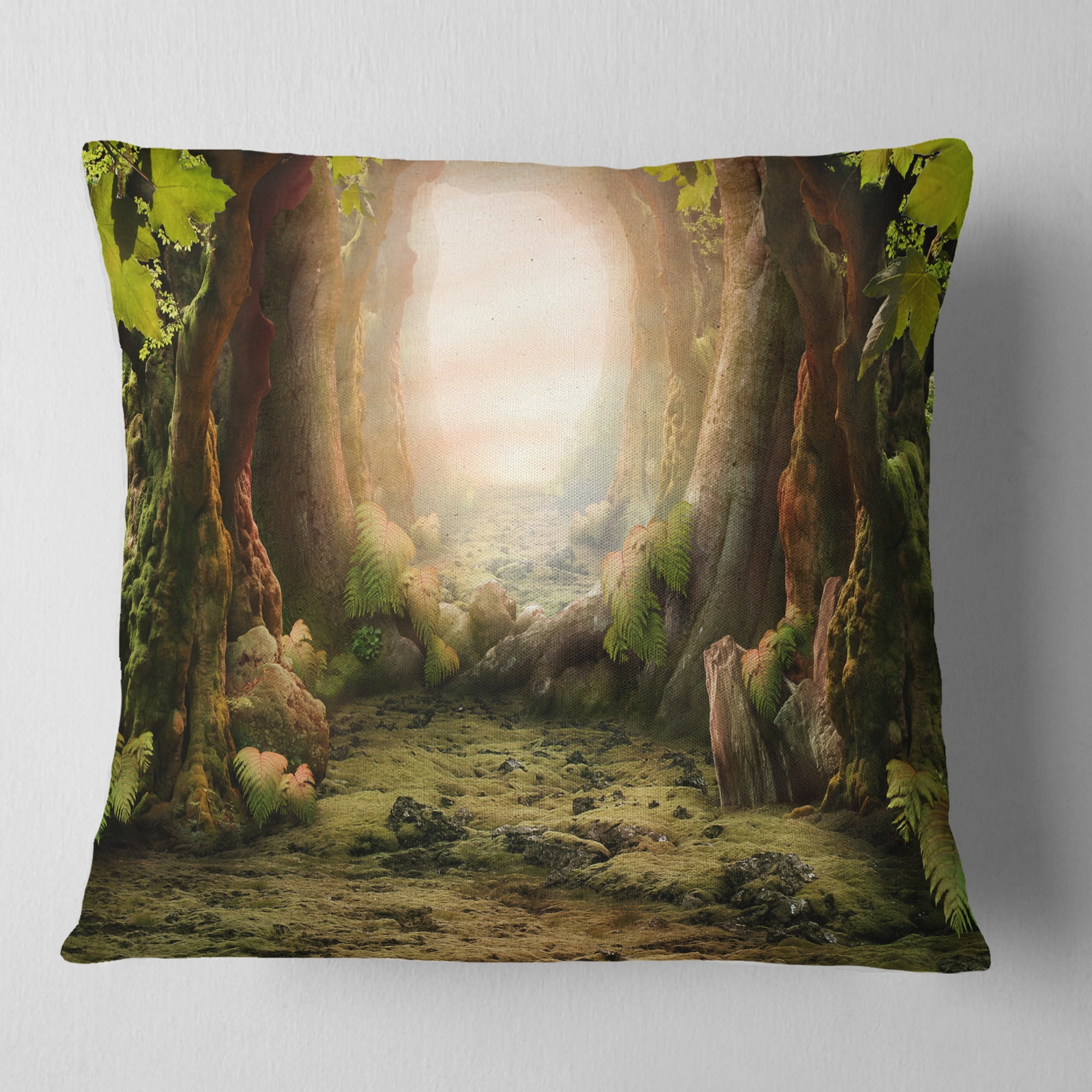 Designart Romantic Green Forest View - Landscape Photo Throw Pillow - 18x18