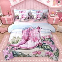 Homewish Pink Boots Bedding Comforter Set 7pcs for Teens Adults Female,Chic Floral Flowers Queen Bedding Sets Super Cozy,Western Cowgirl Queen Sheet Sets,Microfiber Bedroom Decor,Reversible
