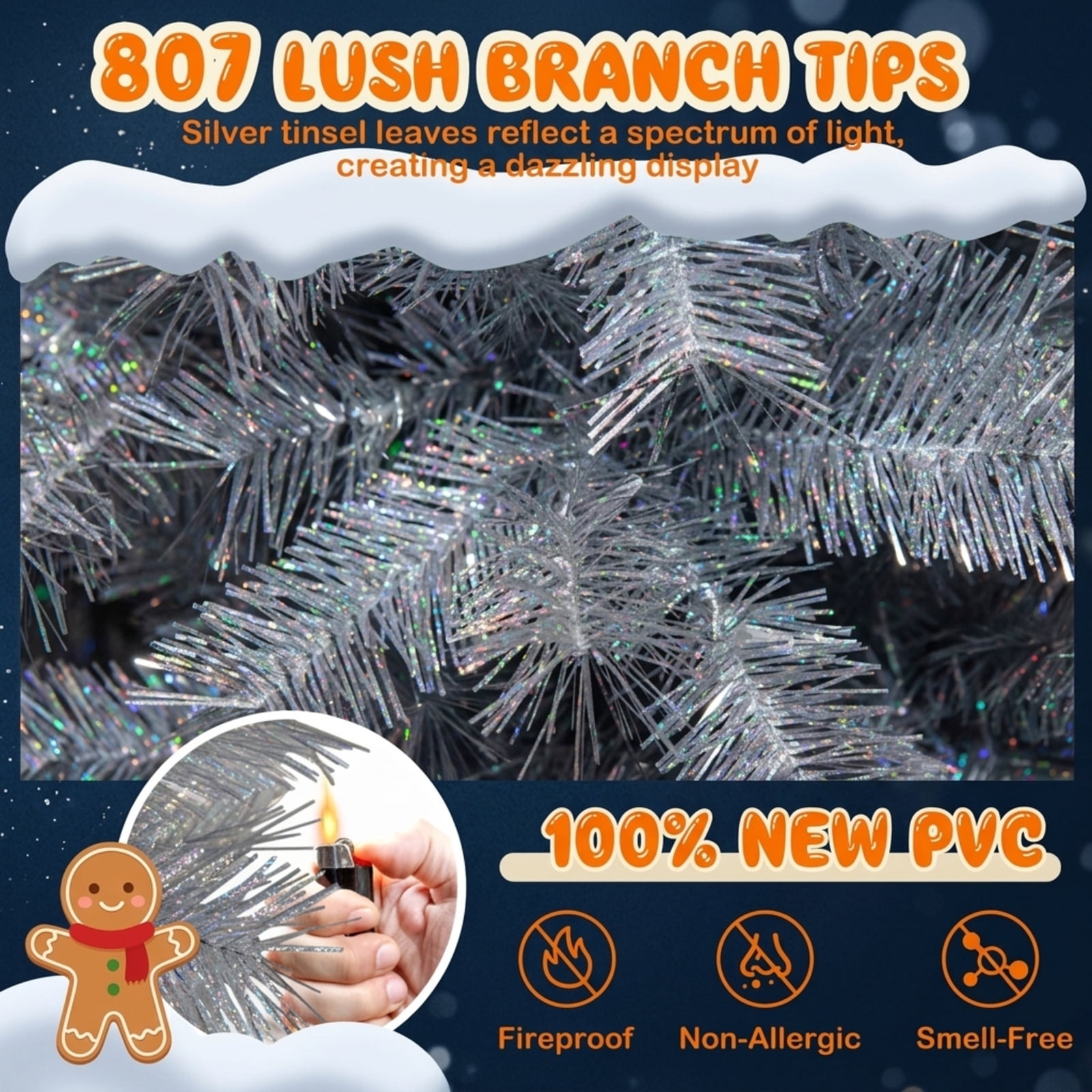 RUIE 7 ft Silver Christmas Tree, Tall Pre-Lit Artificial Tinsel Xmas Tree with 400 LED Lights and 807 Branch Tips for Living Room