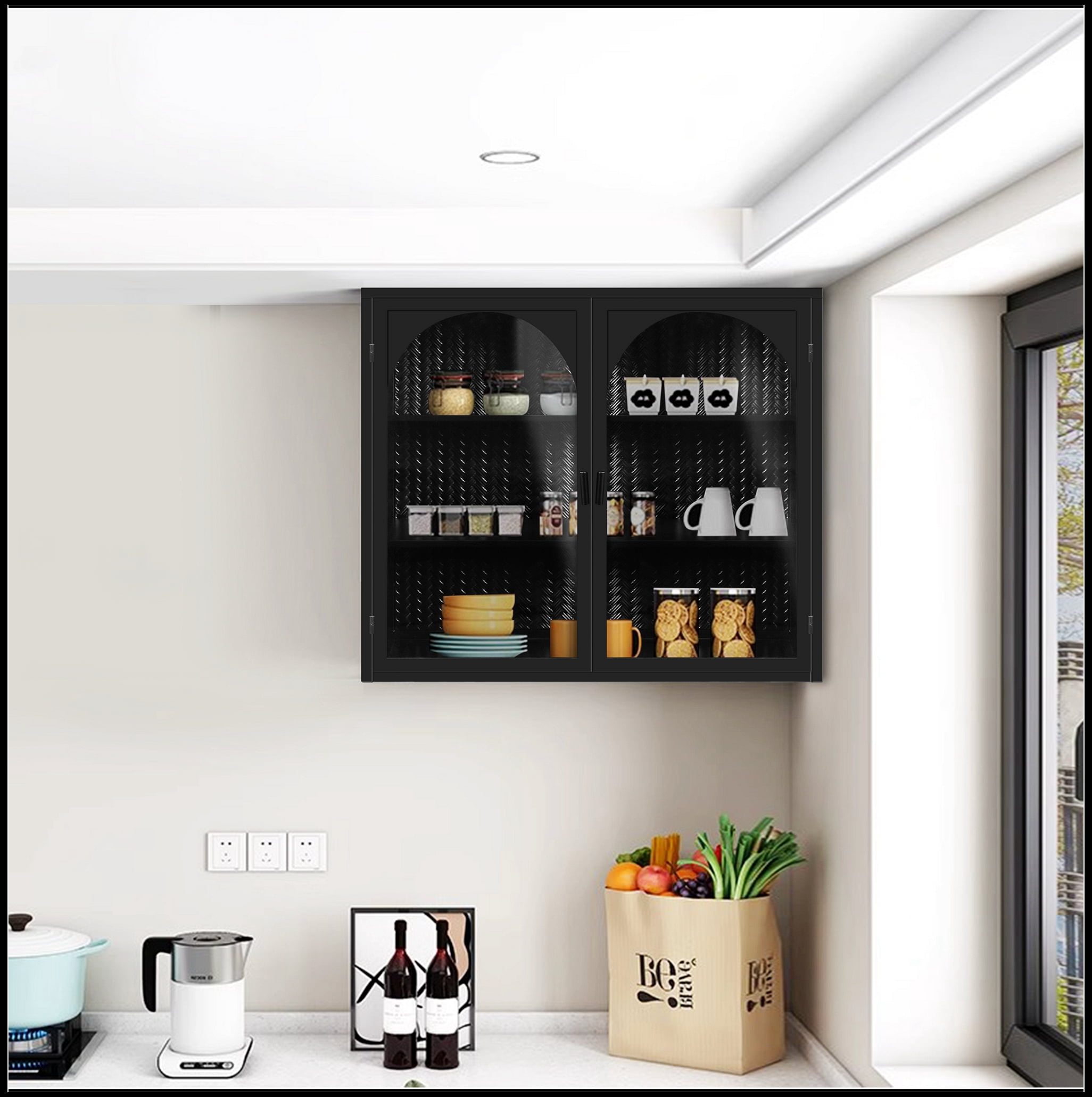 27.56"Glass Doors Modern Two-door Wall Cabinet with Featuring Three-tier Storage for Entryway Living Room Bathroom Dining Room,Wall Cabinet with Characteristic Woven Pattern,Black