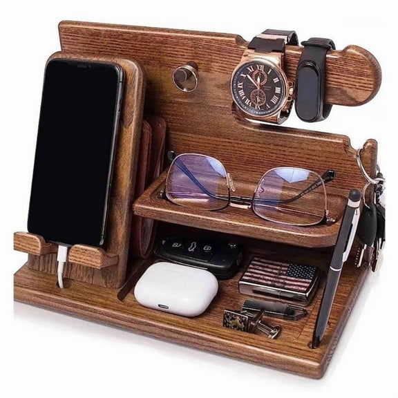 Wooden Bedside Phone Docking Station Multifunctional Wallet, Watch & Accessory Organizer Stand, Gift for Men & Women