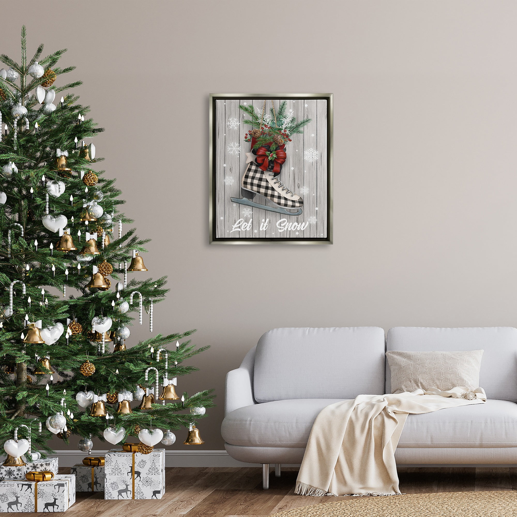 Stupell Industries Let it Snow Ice Skate Holiday Painting Gray Floater Framed Canvas Art Print Wall Art, 25 x 31