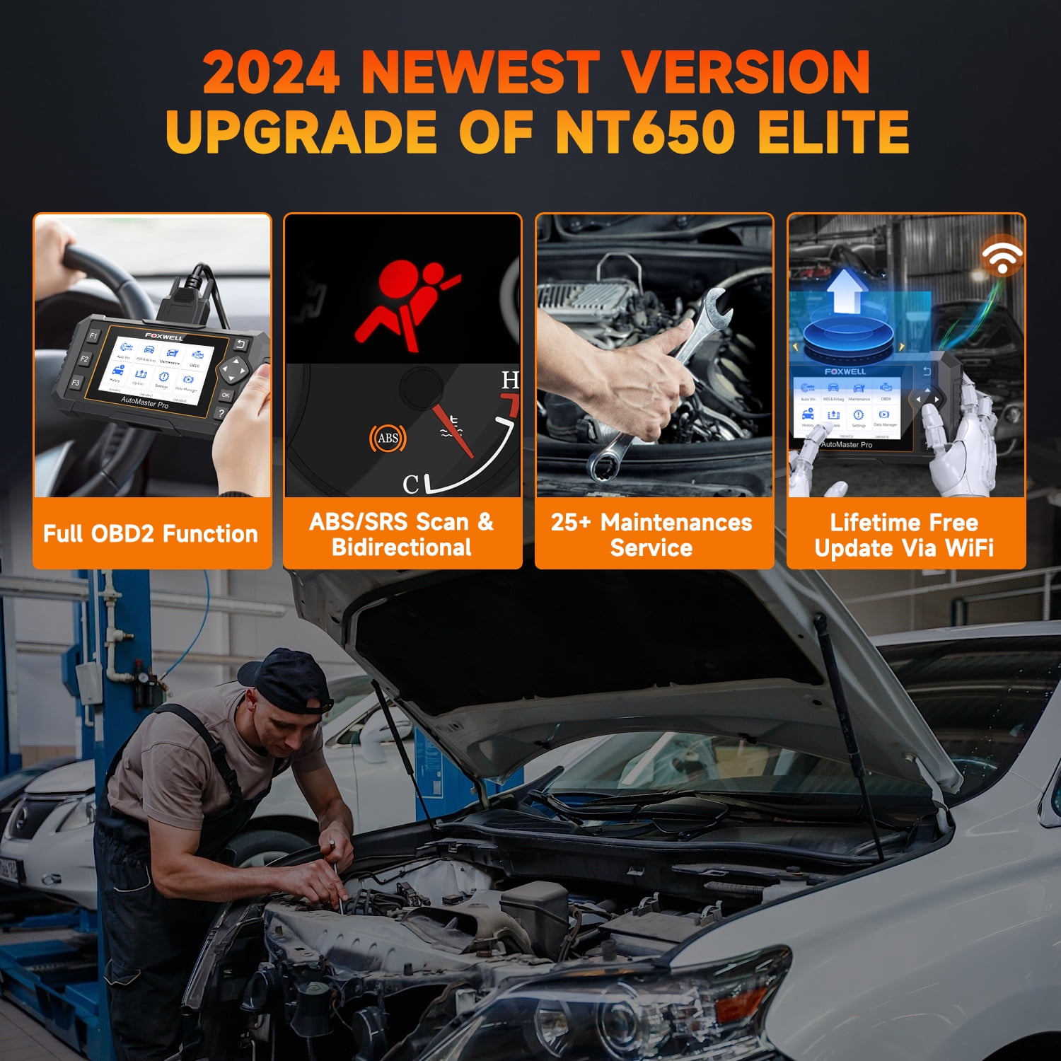 FOXWELL NT650 PRO OBD2 Scanner Car Diagnostic Bidirectional Diagnostic Scan Tool 25+ Maintenance Service OBDII Car Code Reader Automotive Analyzer Lifetime Free Update via Wi-Fi