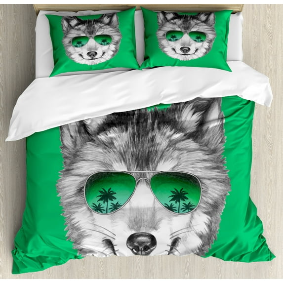 Sunglasses Duvet Cover Set, Illustration of an Exotic Wolf Portrait in Greyscale Drawn by Hand, Decorative 3 Piece Bedding Set with 2 Pillow Shams, King Size, Green Dark Grey White, by Ambesonne