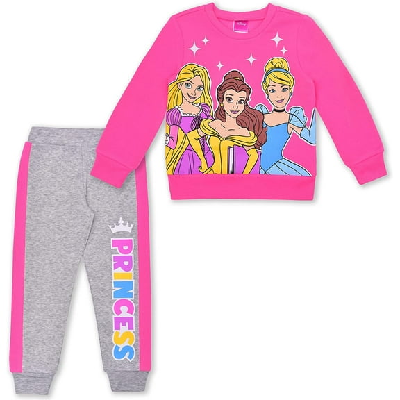 Princess Cinderella, Rapunzel and Belle Girls 2 Piece Crewneck Character Long Sleeve and Jogger Set, Toddler