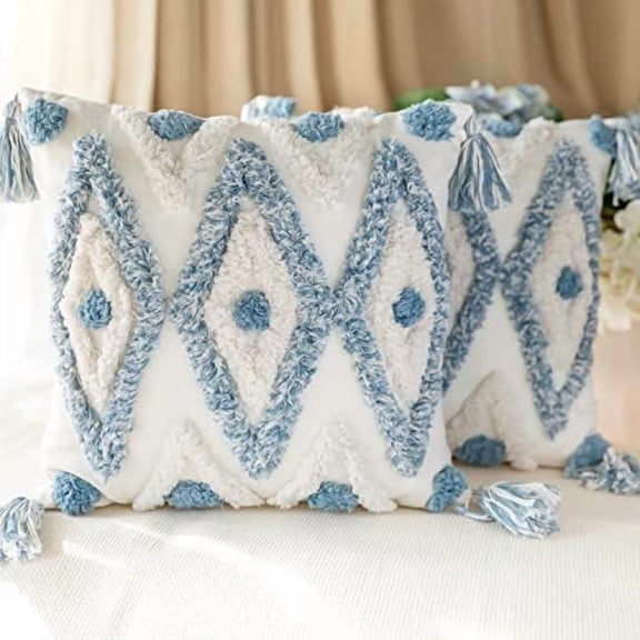 Set of 2 Cotton Woven Boho Throw Pillow Covers, Tufted Decorative Square Pillowcases Covers with Tassels for Couch Sofa Bed, Living Room Sofa, Farmhouse, 18x18 Inch Blue(2 pcs)
