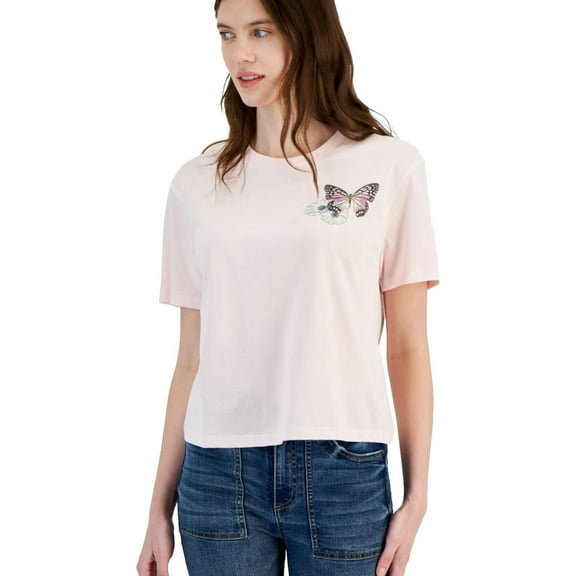 Rebellious One Womens Buttertfly Graphic T-Shirt, Pink, Juniors, X-Large