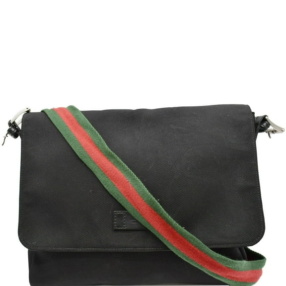 Pre-Owned GUCCI Techno Large Web Nylon Canvas Messenger Bag Black 337074