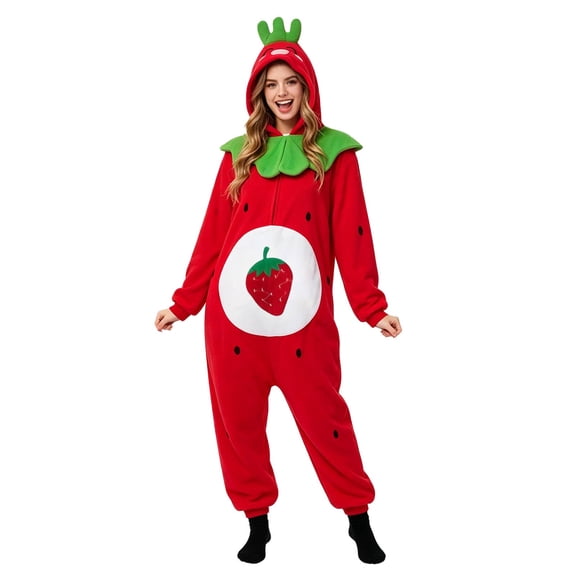 Xijirk Onesie Pajama Hooded Zip up Fleece Jumpsuit with Strawberry Embroidery and 3D Character Hood for Halloween Party and Loungewear,Red,M